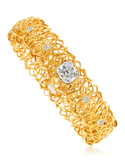 OLD MINE AND HEXAGON CUT DIAMOND BANGLE BRACELET AND RING, 18K GOLD