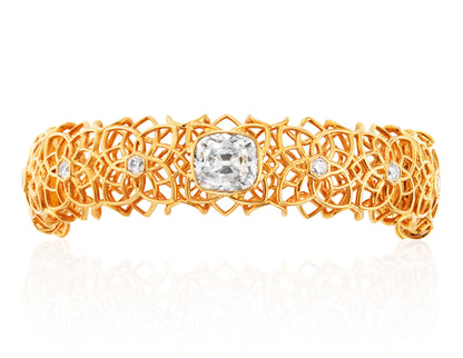 OLD MINE AND HEXAGON CUT DIAMOND BANGLE BRACELET AND RING, 18K GOLD