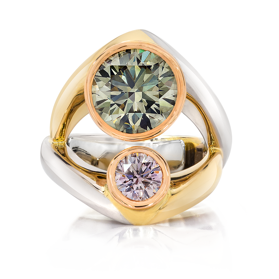 FANCY GREENISH, PINKISH, COLORED DIAMOND RING, 18K GOLD