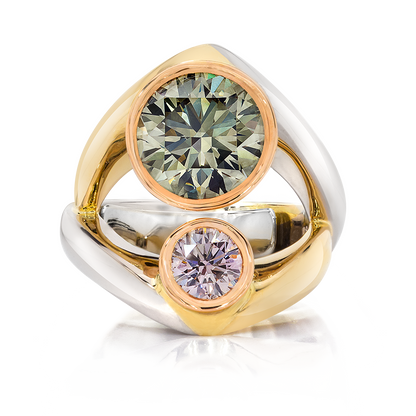 FANCY GREENISH, PINKISH, COLORED DIAMOND RING, 18K GOLD