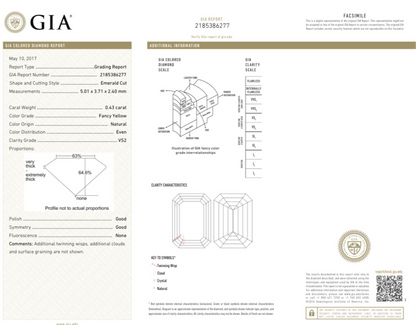EMERALD CUT   0.43 CARAT  FANCY YELLOW	 VS2    G	  G	N	GIA	2185386277