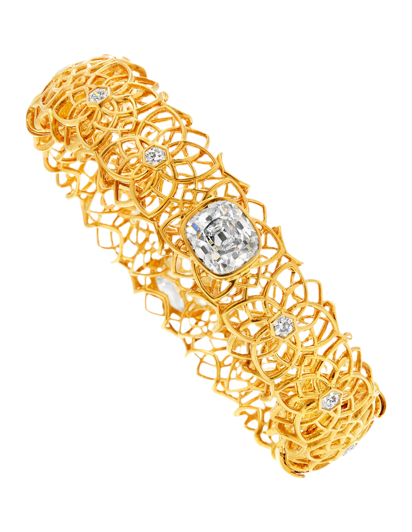 OLD MINE AND HEXAGON CUT DIAMOND BANGLE BRACELET AND RING, 18K GOLD