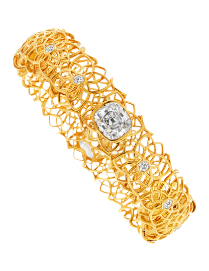 OLD MINE AND HEXAGON CUT DIAMOND BANGLE BRACELET AND RING, 18K GOLD