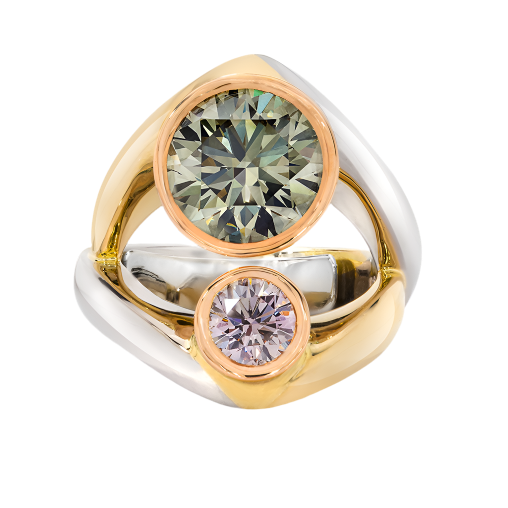 FANCY GREENISH, PINKISH, COLORED DIAMOND RING, 18K GOLD