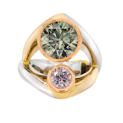 FANCY GREENISH, PINKISH, COLORED DIAMOND RING, 18K GOLD