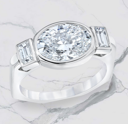 ENGAGEMENT RING, OVAL AND BAGUETTE CUT DIAMONDS, 18K GOLD OR PLATINUM