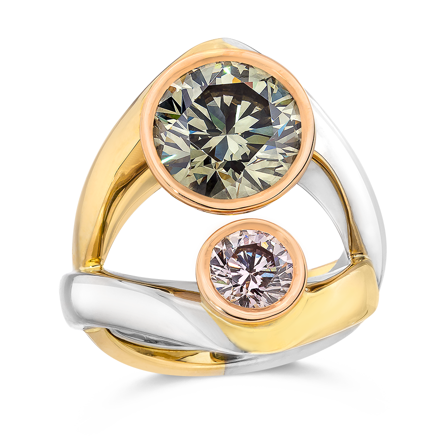 FANCY GREENISH, PINKISH, COLORED DIAMOND RING, 18K GOLD