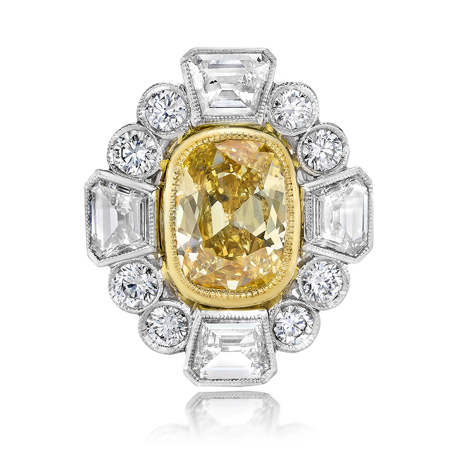 FANCY AND WHITE COLOR, CUSHION, SHEILD AND AND BRILIANT CUT DIAMOND RING, 18K