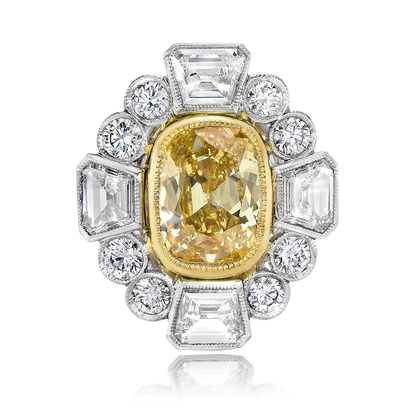 FANCY AND WHITE COLOR, CUSHION, SHEILD AND AND BRILIANT CUT DIAMOND RING, 18K