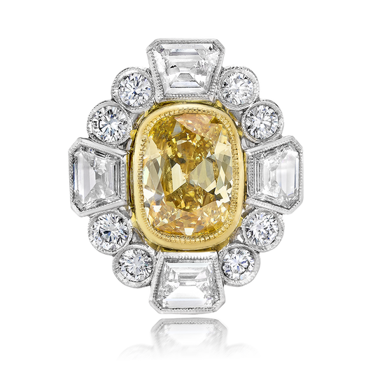 FANCY AND WHITE COLOR, CUSHION, SHEILD AND AND BRILIANT CUT DIAMOND RING, 18K