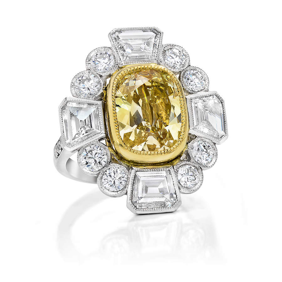 FANCY AND WHITE COLOR, CUSHION, SHEILD AND AND BRILIANT CUT DIAMOND RING, 18K