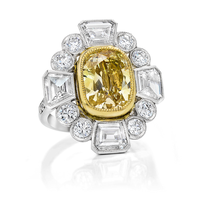 FANCY AND WHITE COLOR, CUSHION, SHEILD AND AND BRILIANT CUT DIAMOND RING, 18K