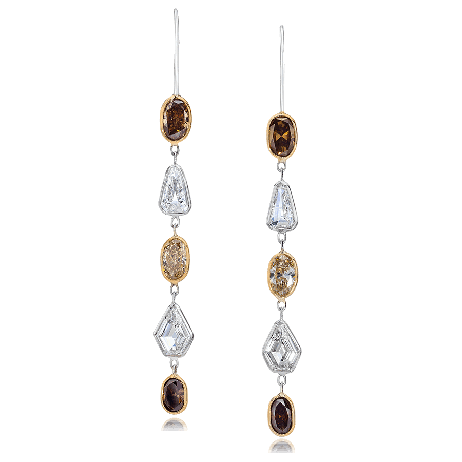 BROWN OVALS AND WHITE SHIELDS DIAMOND EARRINGS, 4.89 CTTW, 18KW