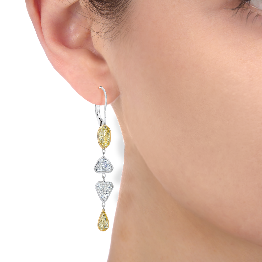 YELLOW COLORED OVAL AN WHITE SHEILD EARRINGS, 4.92 CTTW, 19KW