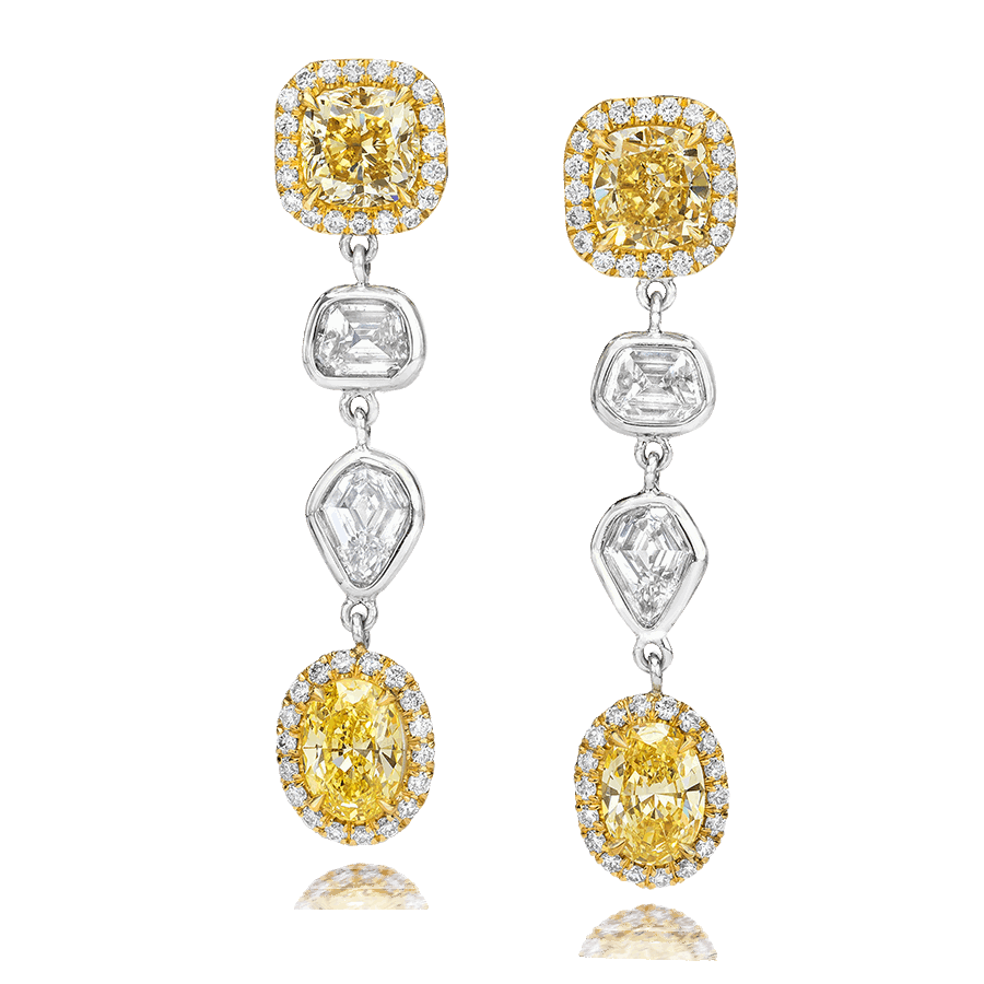 YELLOW RADIANT AND SHEILD CUT DIAMOND EARRINGS, 5.22 CTTW 18K, PLATINUM