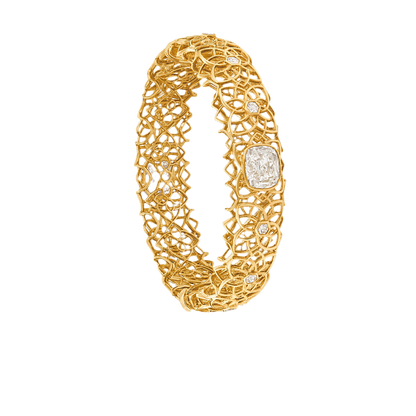 OLD MINE AND HEXAGON CUT DIAMOND BANGLE BRACELET AND RING, 18K GOLD