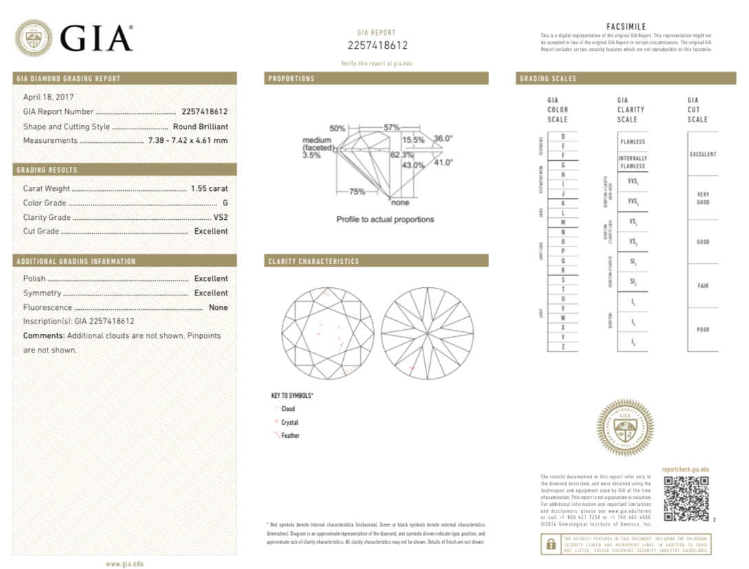 ROUND BRILLIANT CUT    1.55 CARAT	G VS2	EX	EX	EX	N	GIA	2257418612