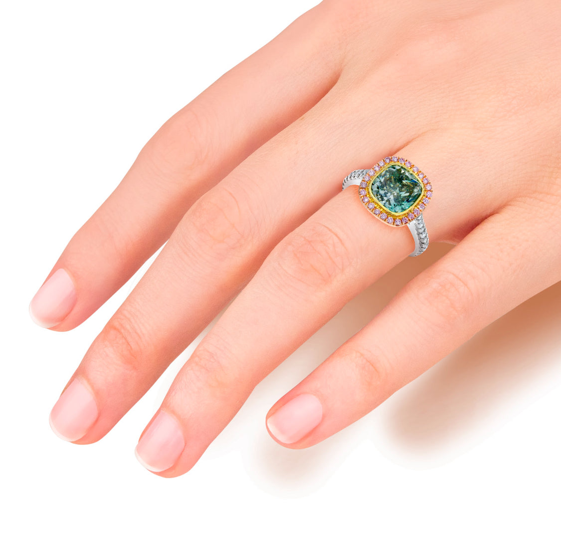 ENGAGEMENT RING, FANCY GREEN AND PINK DIAMONDS, 18K GOLD