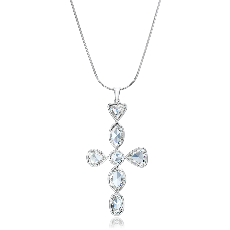 CROSS NECKLACE, ROSE CUT DIAMONDS, 18K GOLD OR PLATINUM