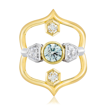 FANCY COLOR ROUND AND SHIELD DIAMOND RING, 18K GOLD