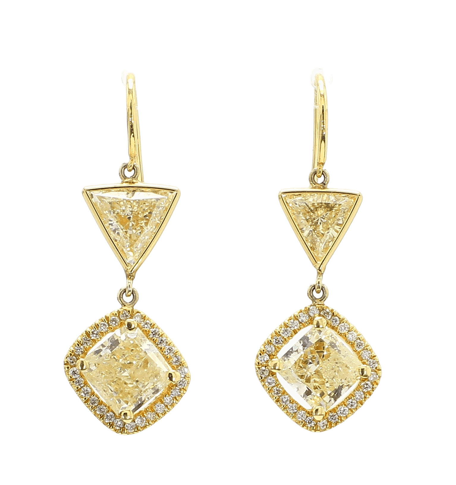 YELLOW SQUARE CUSHION AND TRIANGLE DIAMOND EARRINGS, 4.14 CTTW, 18KY