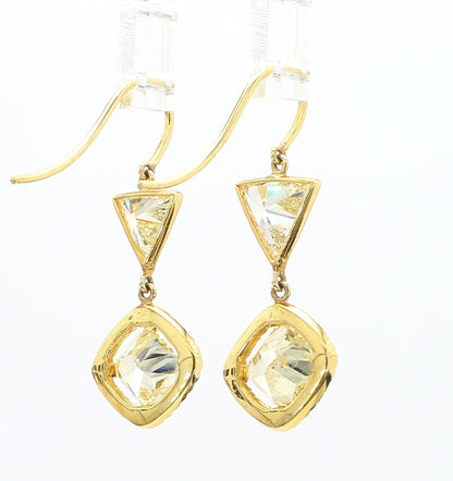 YELLOW SQUARE CUSHION AND TRIANGLE DIAMOND EARRINGS, 4.14 CTTW, 18KY